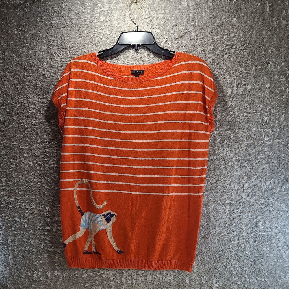 Talbots Ladies Sz S Orange White Stripes Monkey Knit Top Kimono Sleeves Cotton